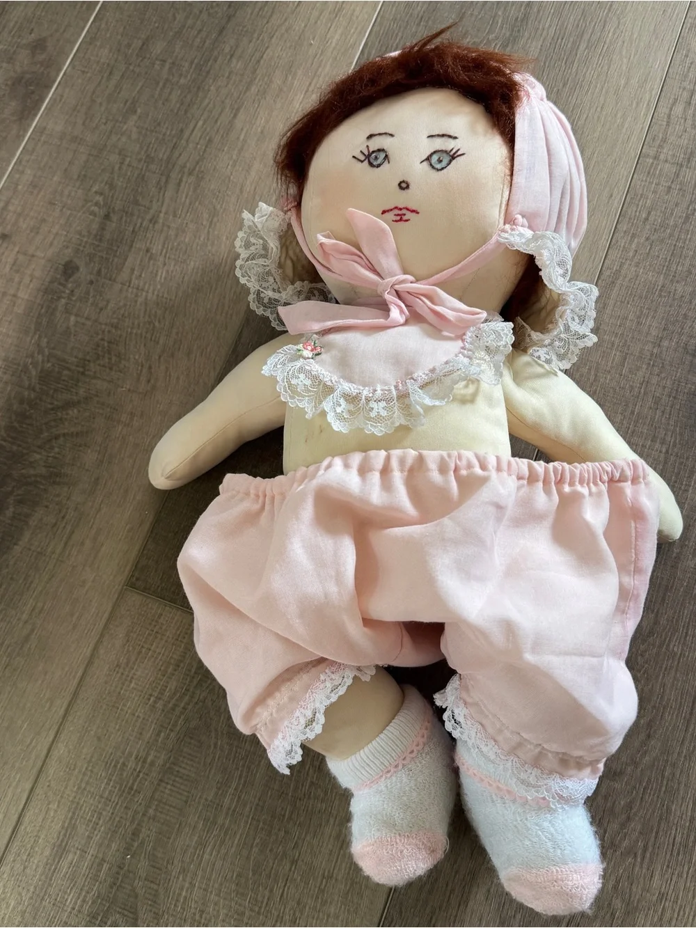 Vintage Handcrafted Soft Sculptured Old Doll Pink Dress Bonnet 21” Socks Daddy